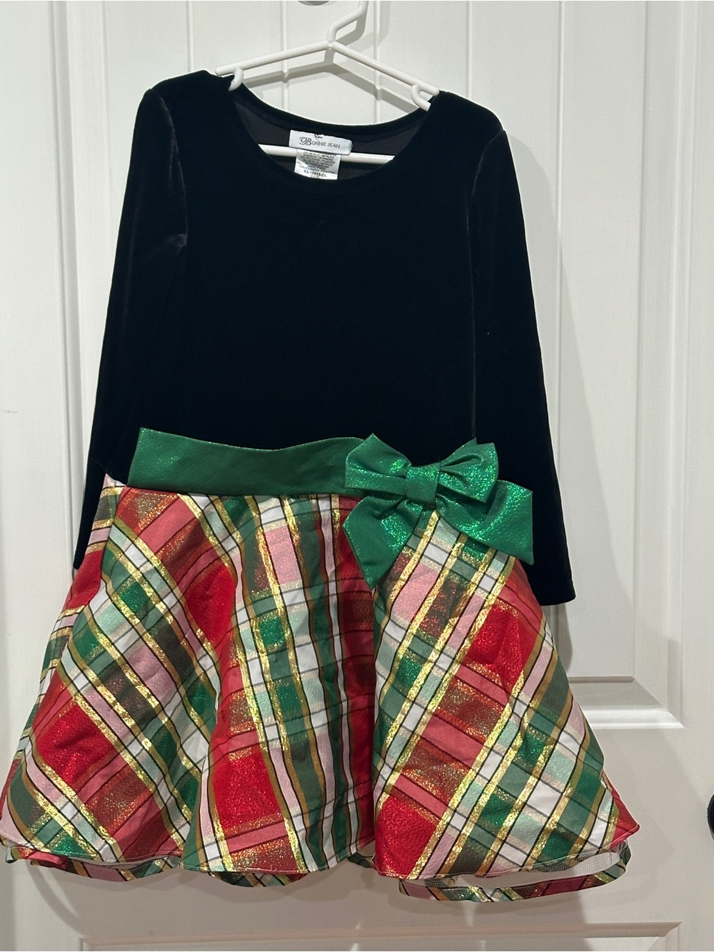 Bonnie Jean Dress Black Velvet Top with Red, Green and Gold Plaid Skirt